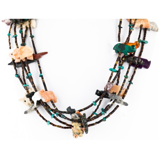 Carved Fetish 5 Strand Navajo .925 Sterling Silver Turquoise Multicolor Stones Native American Necklace 15992-4
