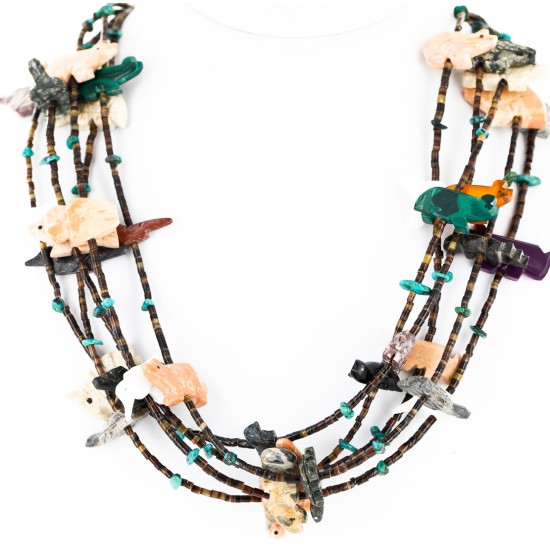 Carved Fetish 5 Strand Navajo .925 Sterling Silver Turquoise Multicolor Stones Native American Necklace 15992-4