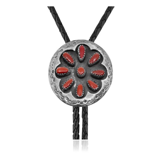 Handmade Certified Authentic Navajo .925 Sterling Silver Native American Coral Bolo Tie 34183