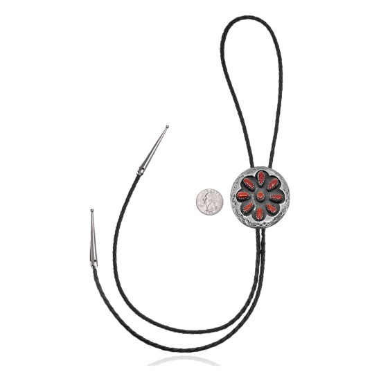 Handmade Certified Authentic Navajo .925 Sterling Silver Native American Coral Bolo Tie 34183 Handmade Certified Authentic Navajo .925 Sterling Silver Native American Coral Bolo Tie 34183
