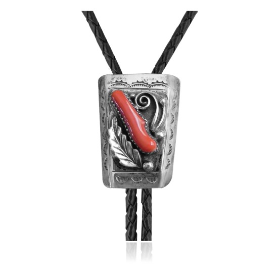 Feather .925 Sterling Silver Certified Authentic Handmade Navajo Native American Coral Bolo Tie 34185