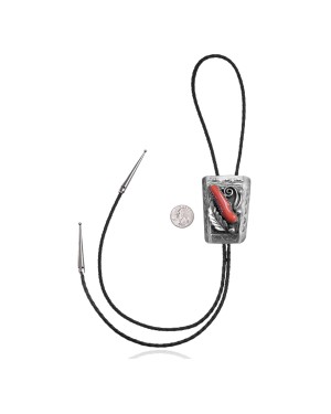 Feather .925 Sterling Silver Certified Authentic Handmade Navajo Native American Coral Bolo Tie 34185 Feather .925 Sterling Silver Certified Authentic Handmade Navajo Native American Coral Bolo Tie 34185