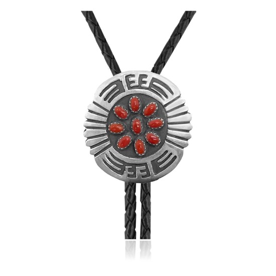 Handmade Certified Authentic Navajo .925 Sterling Silver Native American Coral Bolo Tie 34186