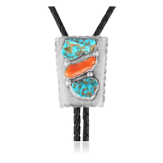 Handmade Certified Authentic Navajo .925 Sterling Silver Native American Natural Turquoise Coral Bolo Tie 34180