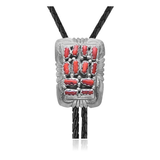Handmade Certified Authentic Navajo .925 Sterling Silver Native American Coral Bolo Tie 34184