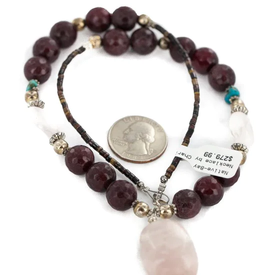 .925 Sterling Silver Certified Authentic Navajo Natural Turquoise Agate Pink Quartz Native American Necklace 750224-6 .925 Sterling Silver Certified Authentic Navajo Natural Turquoise Agate Pink Quartz Native American Necklace 750224-6
