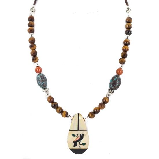 Bird Certified Authentic Navajo .925 Sterling Silver Inlay Natural Spiderweb Turquoise Mother of Pearl Hematite Tigers Eye Native American Necklace 750224-2
