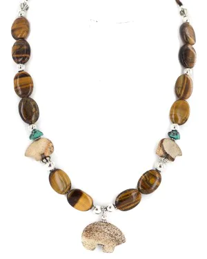 .925 Sterling Silver Certified Authentic Navajo Natural Turquoise Jasper Tigers Eye Heishi Native American Necklace 25342-1