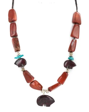 .925 Sterling Silver Certified Authentic Navajo Natural Turquoise Red Jasper Heishi Native American Necklace 750227-5