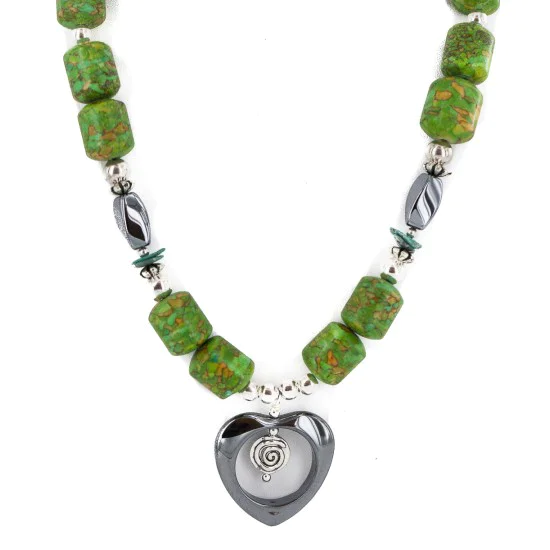 Heart .925 Sterling Silver Certified Authentic Navajo Natural Turquoise Hematite Gaspeite Native American Necklace 750226-4 Heart .925 Sterling Silver Certified Authentic Navajo Natural Turquoise Hematite Gaspeite Native American Necklace 750226-4