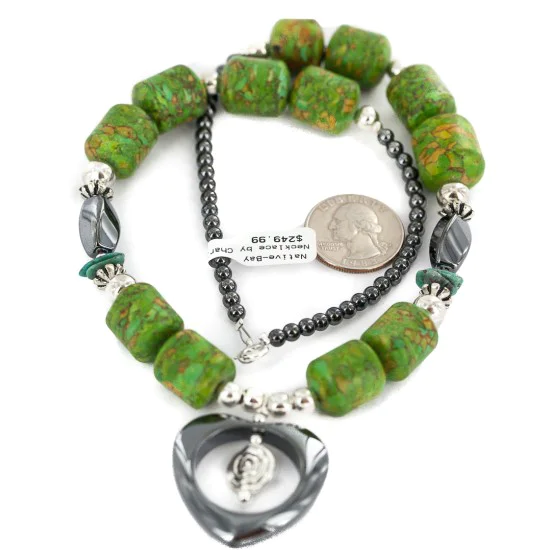Heart .925 Sterling Silver Certified Authentic Navajo Natural Turquoise Hematite Gaspeite Native American Necklace 750226-4 Heart .925 Sterling Silver Certified Authentic Navajo Natural Turquoise Hematite Gaspeite Native American Necklace 750226-4
