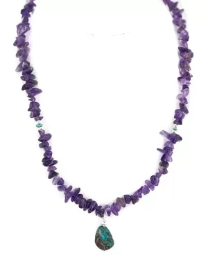 .925 Sterling Silver Certified Authentic Navajo Natural Turquoise Amethyst Native American Necklace 750225-1