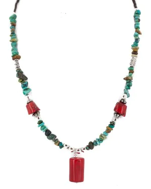 .925 Sterling Silver Certified Authentic Navajo Natural Turquoise Coral Native American Necklace 750225-2