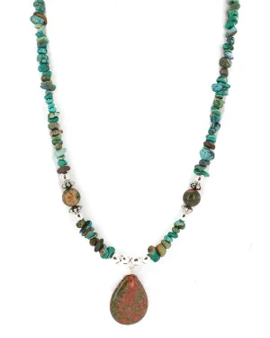 .925 Sterling Silver Certified Authentic Navajo Natural Turquoise Green Jasper Native American Necklace 750224-4