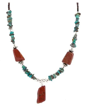 .925 Sterling Silver Certified Authentic Navajo Natural Turquoise Red Jasper Heishi Native American Necklace 750225-4