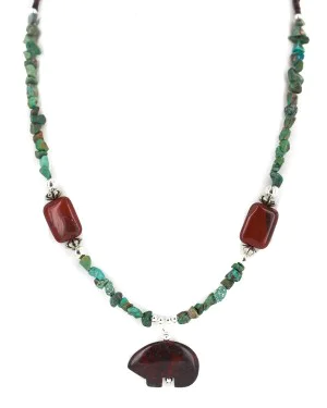 .925 Sterling Silver Certified Authentic Navajo Natural Turquoise Red Jasper Heishi Native American Necklace 750226-6