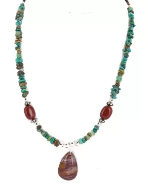 .925 Sterling Silver Certified Authentic Navajo Natural Turquoise Red Jasper Native American Necklace 750225-3