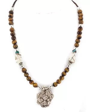 .925 Sterling Silver Certified Authentic Navajo White Howlite Tigers Eye Native American Necklace 750224-3