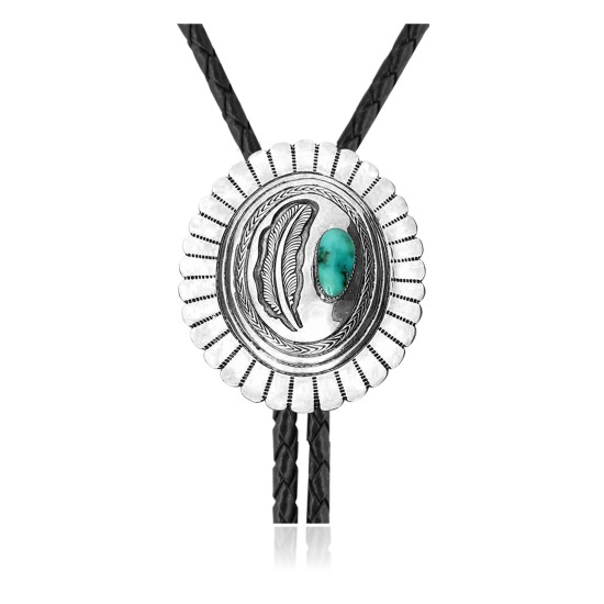 Feather .925 Sterling Silver Certified Authentic Handmade Navajo Native American Natural Turquoise Bolo Tie 34193 Feather .925 Sterling Silver Certified Authentic Handmade Navajo Native American Natural Turquoise Bolo Tie 34193