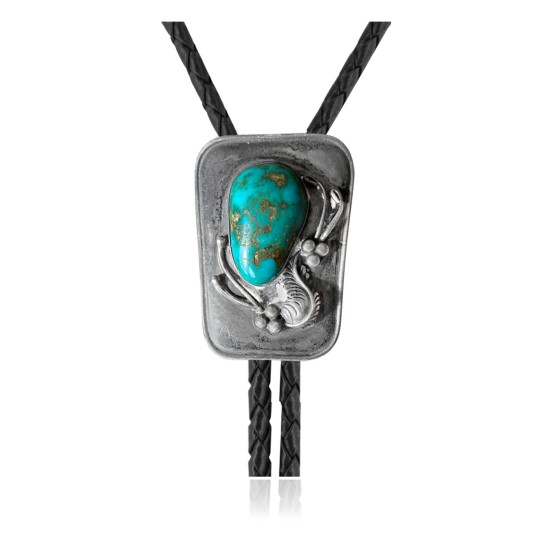 Feather .925 Sterling Silver Certified Authentic Handmade Navajo Native American Natural Turquoise Bolo Tie 34195