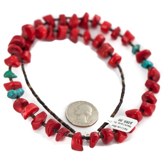 .925 Sterling Silver Certified Authentic Navajo Natural Turquoise Coral Native American Necklace 750232-4 .925 Sterling Silver Certified Authentic Navajo Natural Turquoise Coral Native American Necklace 750232-4