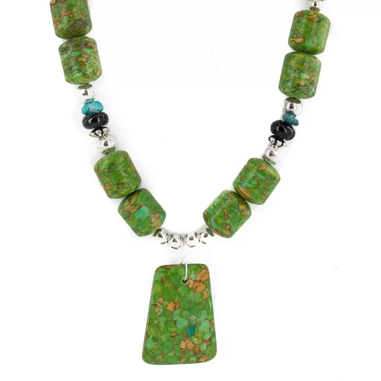 .925 Sterling Silver Certified Authentic Navajo Natural Turquoise Black Onyx Gaspeite Native American Necklace 750230-8