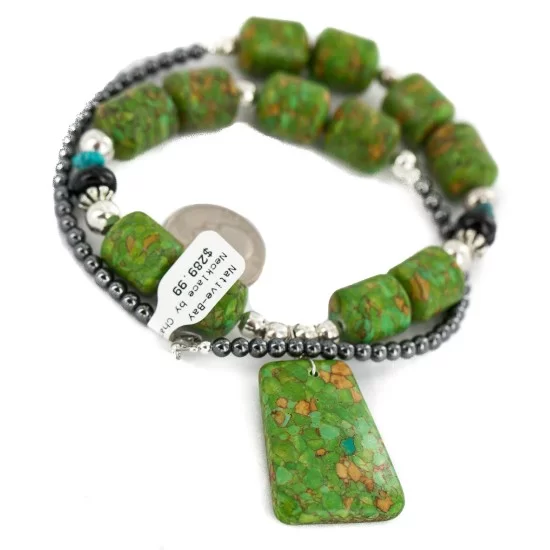 .925 Sterling Silver Certified Authentic Navajo Natural Turquoise Black Onyx Gaspeite Native American Necklace 750230-8
