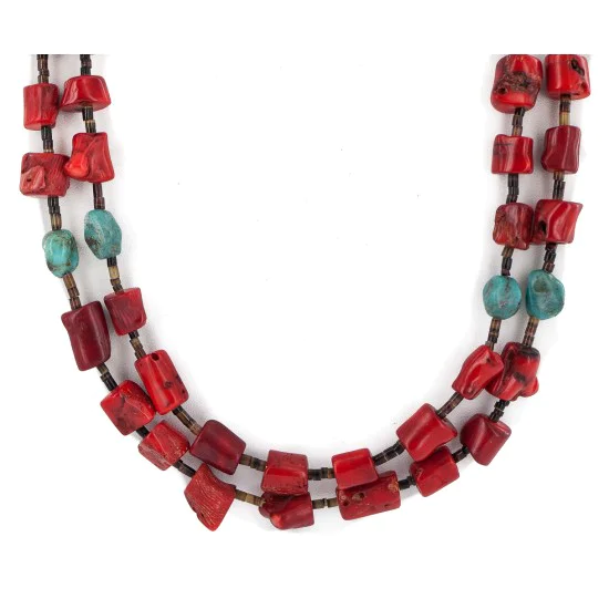 2 Strand .925 Sterling Silver Certified Authentic Navajo Natural Turquoise Coral Native American Necklace 750229