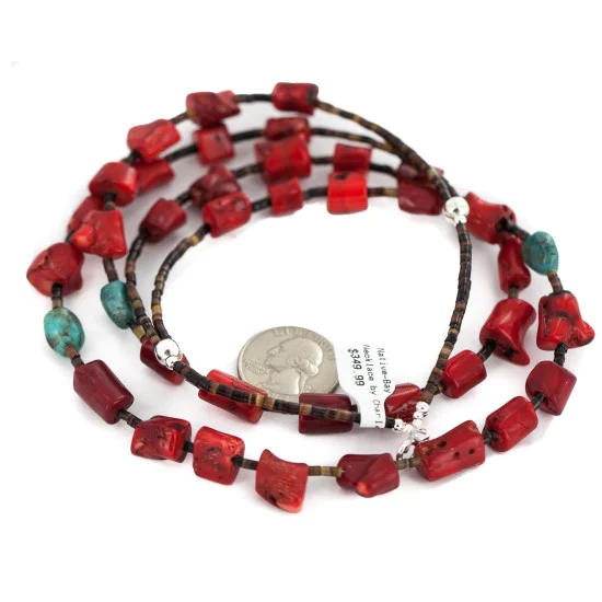 2 Strand .925 Sterling Silver Certified Authentic Navajo Natural Turquoise Coral Native American Necklace 750229