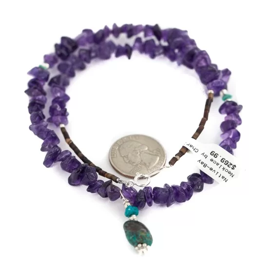 .925 Sterling Silver Certified Authentic Navajo Natural Turquoise Amethyst Native American Necklace 750232-1 .925 Sterling Silver Certified Authentic Navajo Natural Turquoise Amethyst Native American Necklace 750232-1