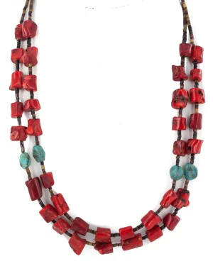 2 Strand .925 Sterling Silver Certified Authentic Navajo Natural Turquoise Coral Native American Necklace 750229