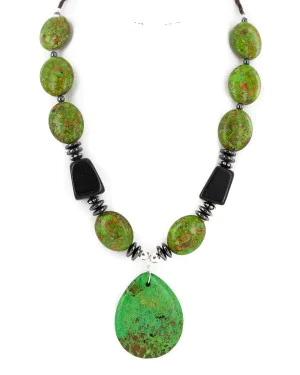 .925 Sterling Silver Certified Authentic Navajo Natural Hematite Black Onyx Gaspeite Native American Necklace 750230-5