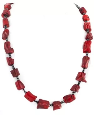 .925 Sterling Silver Certified Authentic Navajo Natural Hematite Coral Native American Necklace 750232-5