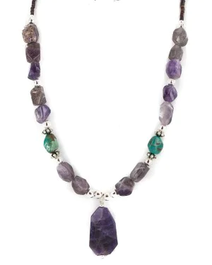 .925 Sterling Silver Certified Authentic Navajo Natural Turquoise Amethyst Native American Necklace 750230-2
