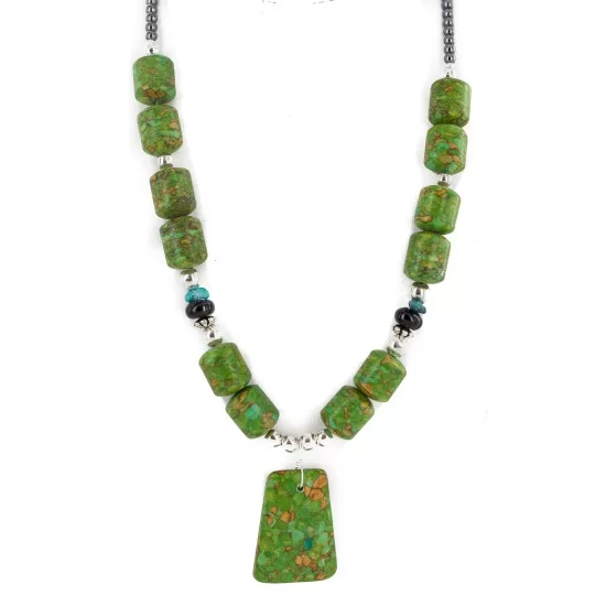 .925 Sterling Silver Certified Authentic Navajo Natural Turquoise Black Onyx Gaspeite Native American Necklace 750230-8