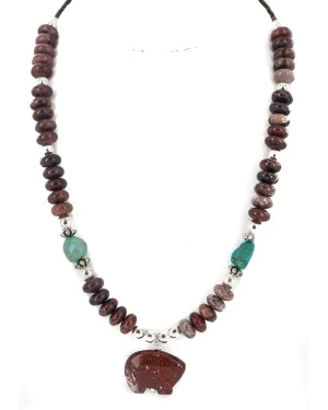 .925 Sterling Silver Certified Authentic Navajo Natural Turquoise Red Jasper Heishi Native American Necklace 750230-3