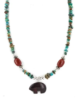 .925 Sterling Silver Certified Authentic Navajo Natural Turquoise Red Jasper Native American Necklace  750226-3