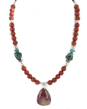 .925 Sterling Silver Certified Authentic Navajo Natural Turquoise Red Jasper Native American Necklace 750231-2 .925 Sterling Silver Certified Authentic Navajo Natural Turquoise Red Jasper Native American Necklace 750231-2