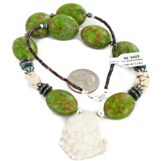 .925 Sterling Silver Certified Authentic Navajo White Howlite Gaspeite Hematite Native American Necklace 750230-7