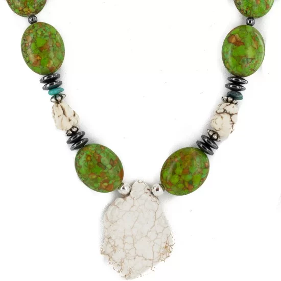 .925 Sterling Silver Certified Authentic Navajo White Howlite Gaspeite Hematite Native American Necklace 750230-7