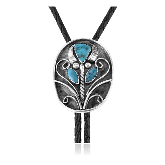  Feather .925 Sterling Silver Certified Authentic Handmade Navajo Native American Natural Turquoise Bolo Tie 34207