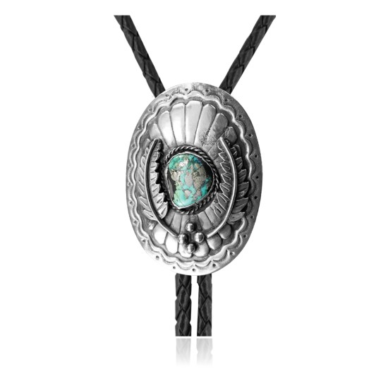 Feather .925 Sterling Silver Certified Authentic Handmade Navajo Native American Natural Turquoise Bolo Tie 34208
