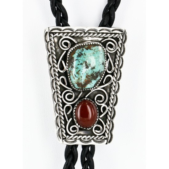 Handmade Certified Authentic Navajo .925 Sterling Silver Natural Turquoise Agate Native American Bolo Tie  24390-1