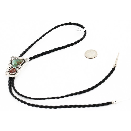 Handmade Certified Authentic Navajo .925 Sterling Silver Natural Turquoise Jasper Native American Bolo Tie  24390-2