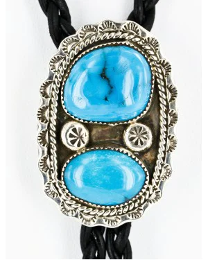 Handmade Certified Authentic Navajo .925 Sterling Silver Natural Turquoise Native American Bolo Tie  24382