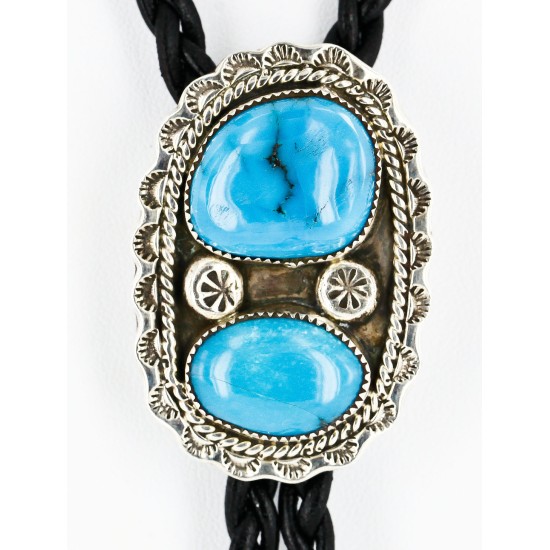 Handmade Certified Authentic Navajo .925 Sterling Silver Natural Turquoise Native American Bolo Tie  24382