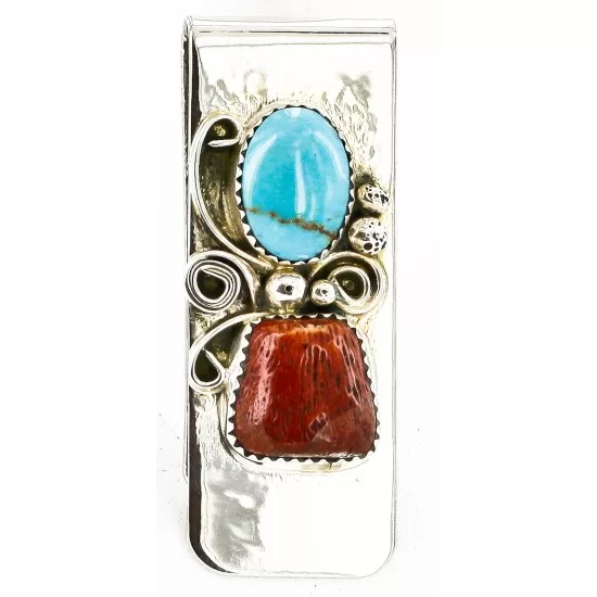 Handmade Certified Authentic Navajo Nickel and .925 Sterling Silver Natural Turquoise Coral Native American Money Clip 10525-5 Handmade Certified Authentic Navajo Nickel and .925 Sterling Silver Natural Turquoise Coral Native American Money Clip 10525-5