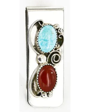 Handmade Certified Authentic Navajo Nickel and .925 Sterling Silver Natural Turquoise Red Jasper Native American Money Clip 10525-8 Handmade Certified Authentic Navajo Nickel and .925 Sterling Silver Natural Turquoise Red Jasper Native American Money Clip 10525-8