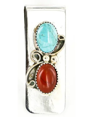 Handmade Certified Authentic Navajo Nickel and .925 Sterling Silver Natural Turquoise Red Jasper Native American Money Clip 10525-9 Handmade Certified Authentic Navajo Nickel and .925 Sterling Silver Natural Turquoise Red Jasper Native American Money Clip 10525-9