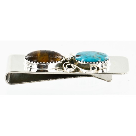 Handmade Certified Authentic Navajo Nickel and .925 Sterling Silver Natural Turquoise Tigers Eye Native American Money Clip 10525-3 Handmade Certified Authentic Navajo Nickel and .925 Sterling Silver Natural Turquoise Tigers Eye Native American Money Clip 10525-3